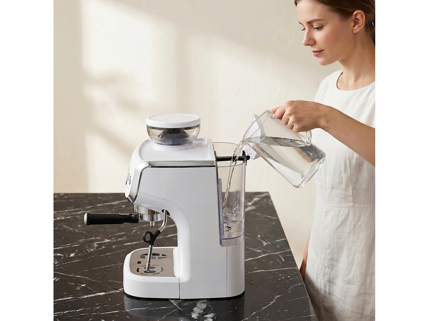 HOMCOM Espresso Machine, Bean Grinder & Steam Wand, 15 Bar Pressure, White