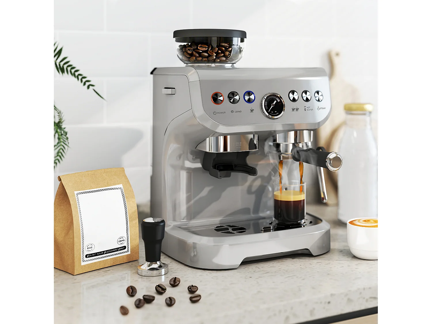 HOMCOM Espresso Machine, Bean Grinder & Steam Wand, 15 Bar Pressure, Silver.