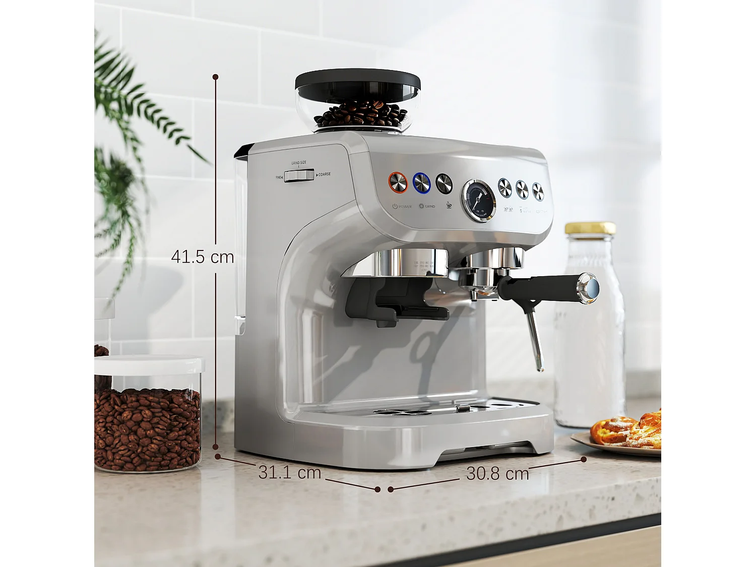 HOMCOM Espresso Machine, Bean Grinder & Steam Wand, 15 Bar Pressure, Silver.