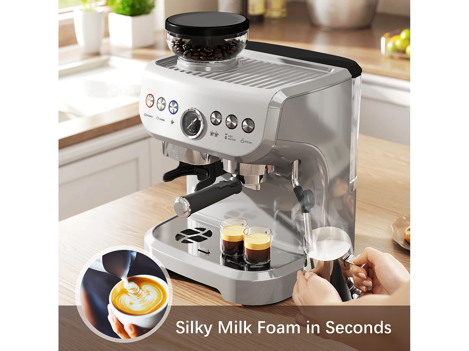 HOMCOM Espresso Machine, Bean Grinder & Steam Wand, 15 Bar Pressure, Silver.