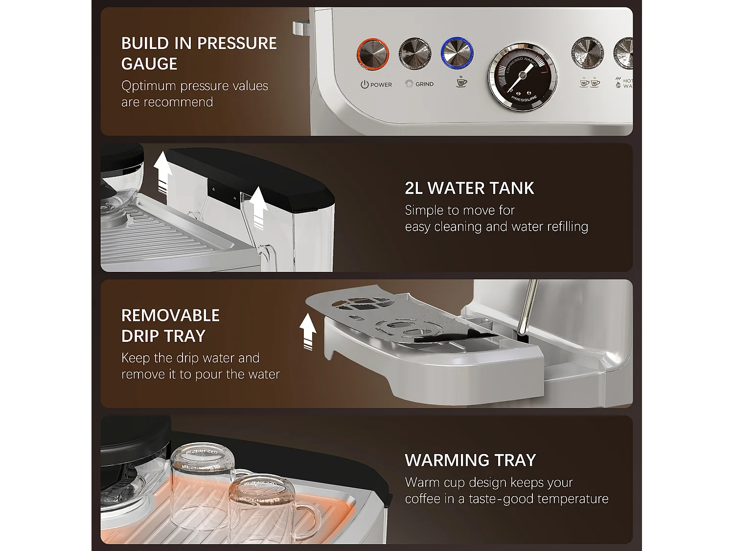 HOMCOM Espresso Machine, Bean Grinder & Steam Wand, 15 Bar Pressure, Silver.