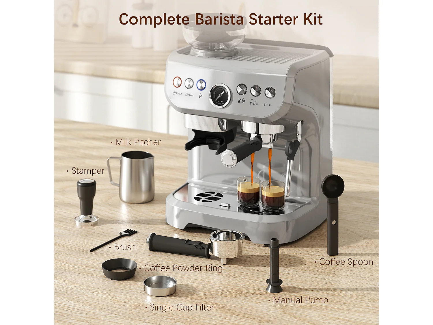 HOMCOM Espresso Machine, Bean Grinder & Steam Wand, 15 Bar Pressure, Silver.