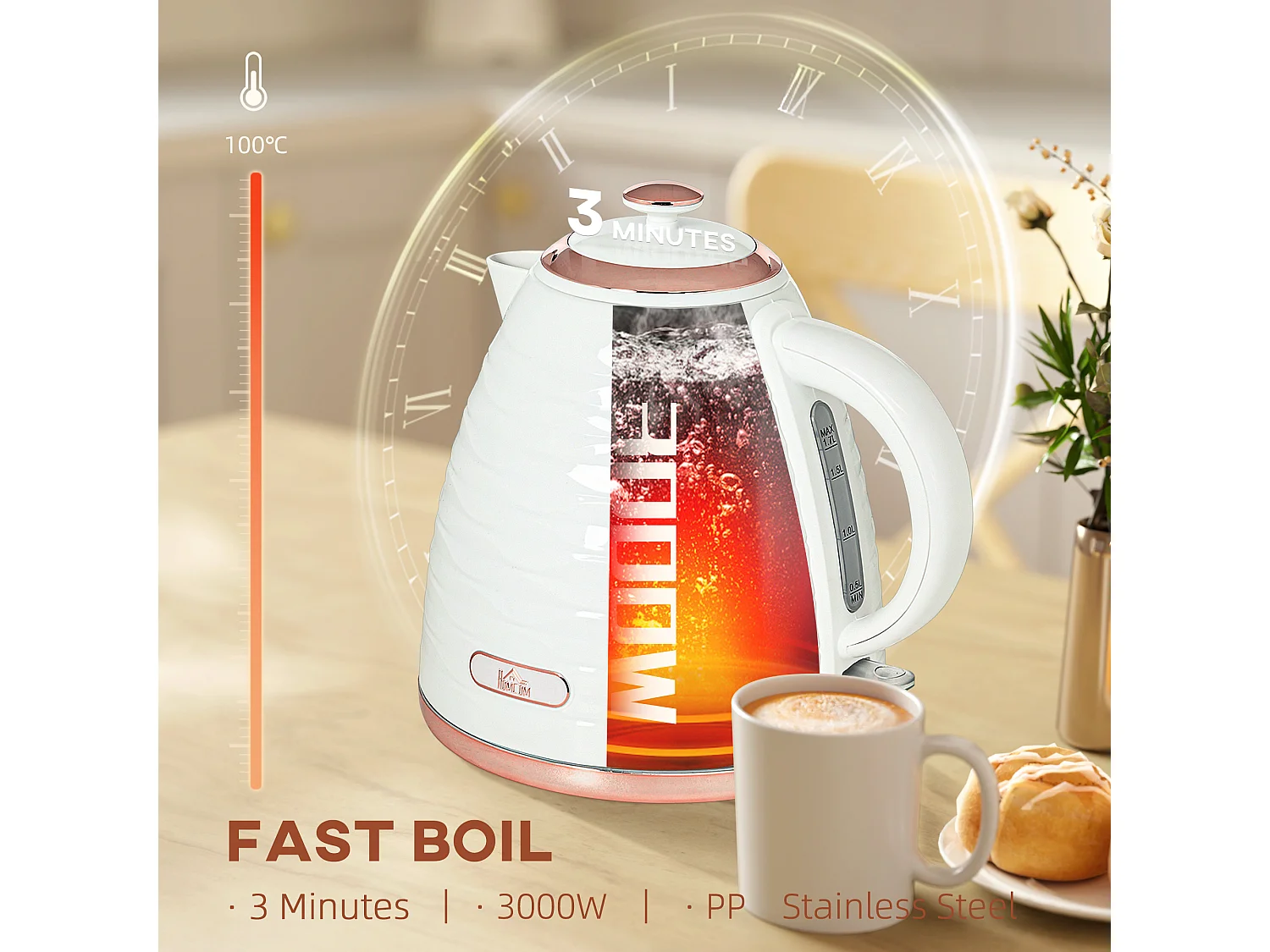HOMCOM Electric Kettle, Fast Boil, 1.7L, 3kW, Swivel, White Ripple