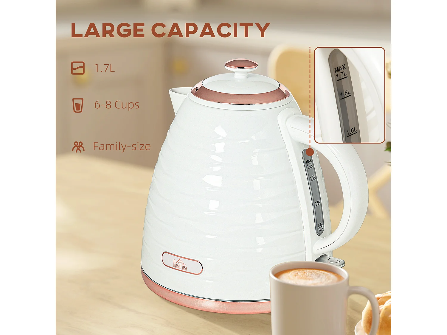 HOMCOM Electric Kettle, Fast Boil, 1.7L, 3kW, Swivel, White Ripple