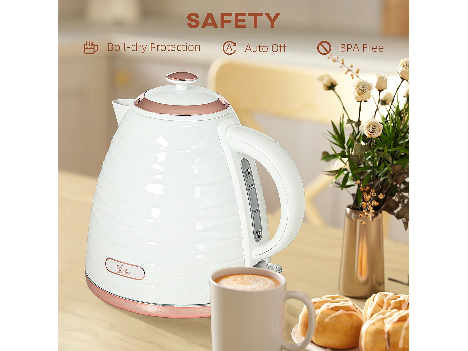 HOMCOM Electric Kettle, Fast Boil, 1.7L, 3kW, Swivel, White Ripple