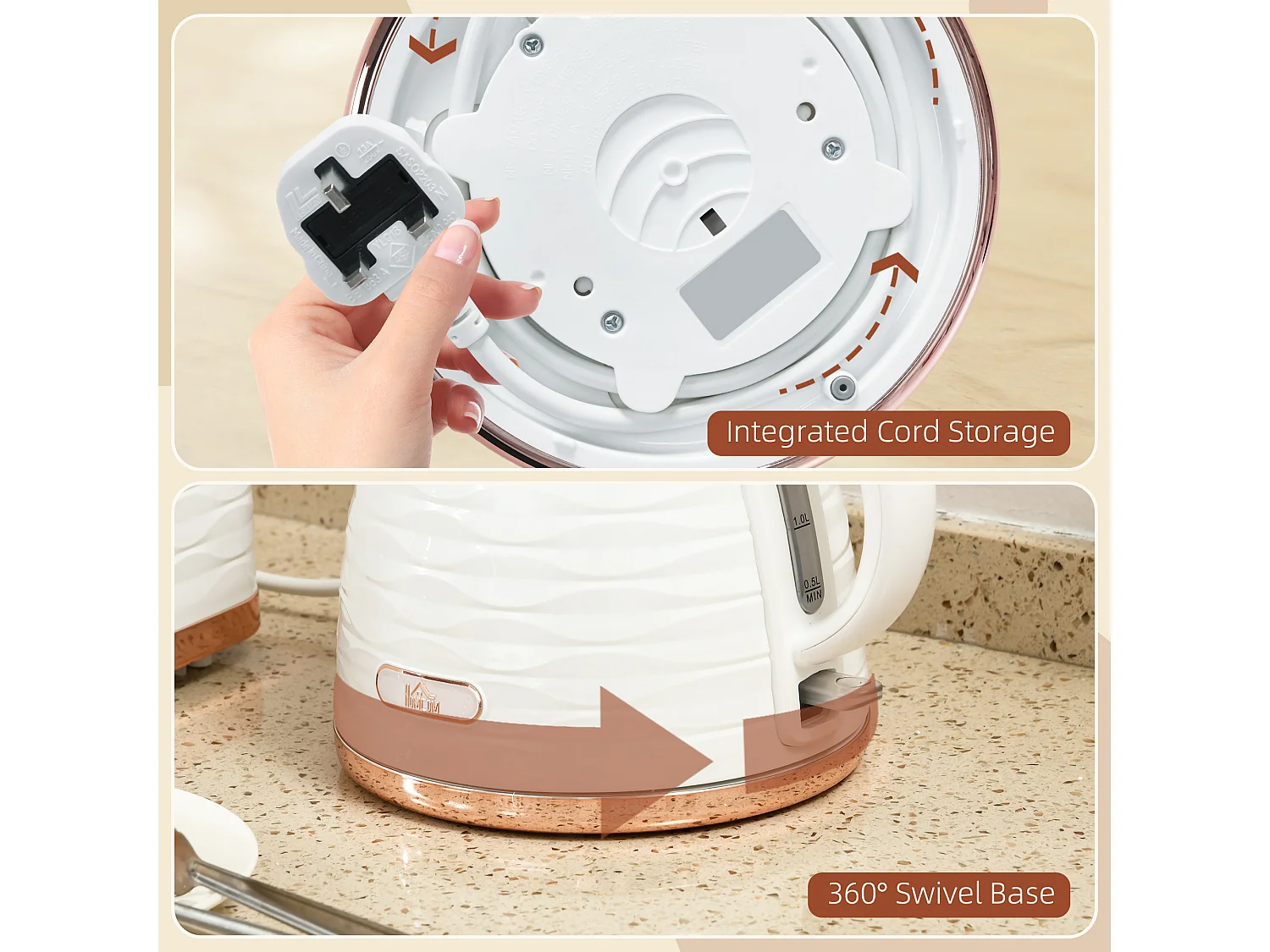 HOMCOM Electric Kettle, Fast Boil, 1.7L, 3kW, Swivel, White Ripple