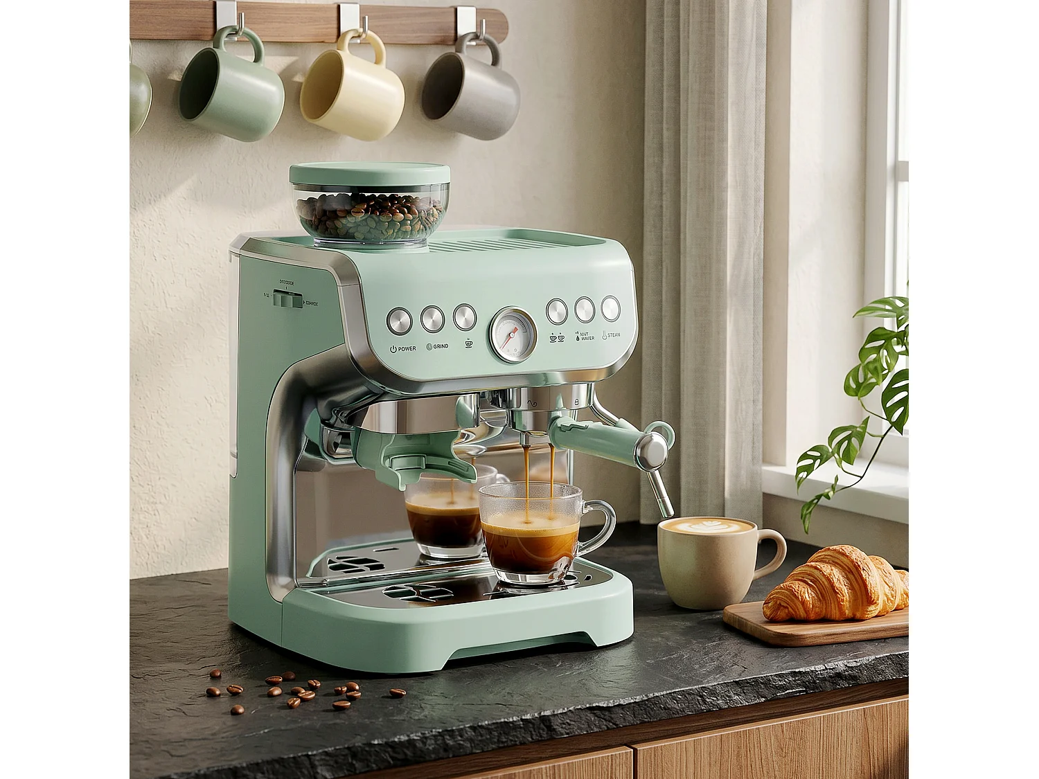 HOMCOM Espresso Machine, Bean Grinder & Steam Wand, 15 Bar Pressure, Green