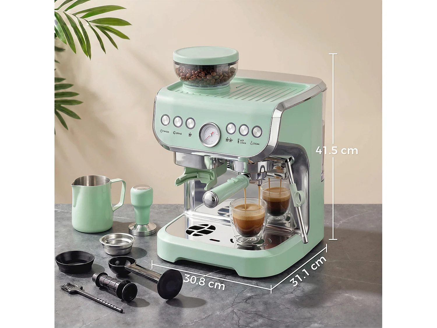 HOMCOM Espresso Machine, Bean Grinder & Steam Wand, 15 Bar Pressure, Green