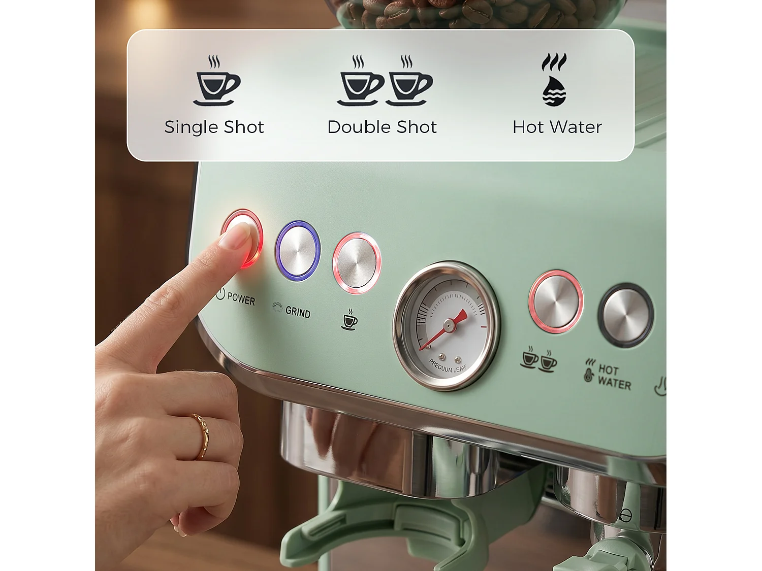 HOMCOM Espresso Machine, Bean Grinder & Steam Wand, 15 Bar Pressure, Green