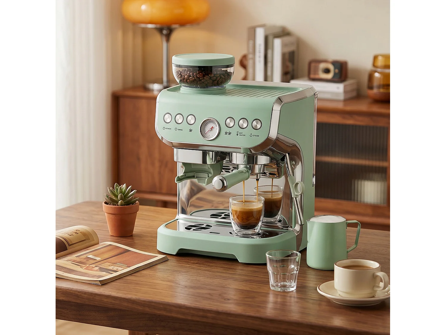 HOMCOM Espresso Machine, Bean Grinder & Steam Wand, 15 Bar Pressure, Green
