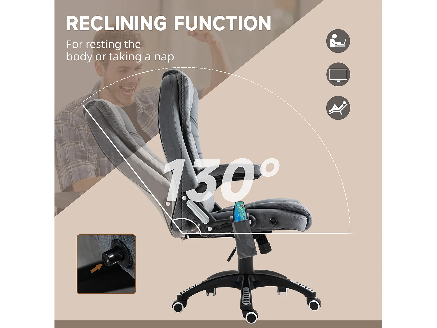 Vinsetto Office Relaxing Reclining Chair with Heating Massage Points Grey