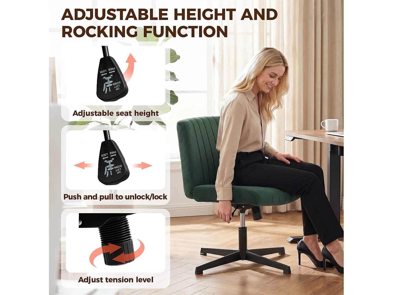 HOMCOM Desk Chair with Wide Seat, Thick Padding, Rock Function, Green