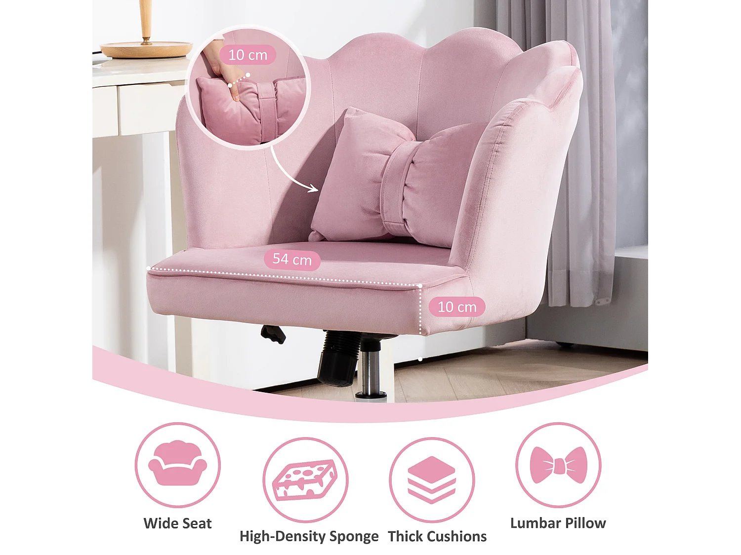 HOMCOM Armless Desk Chair Home Office Chair w/ Wide Seat Tilt Function Pink