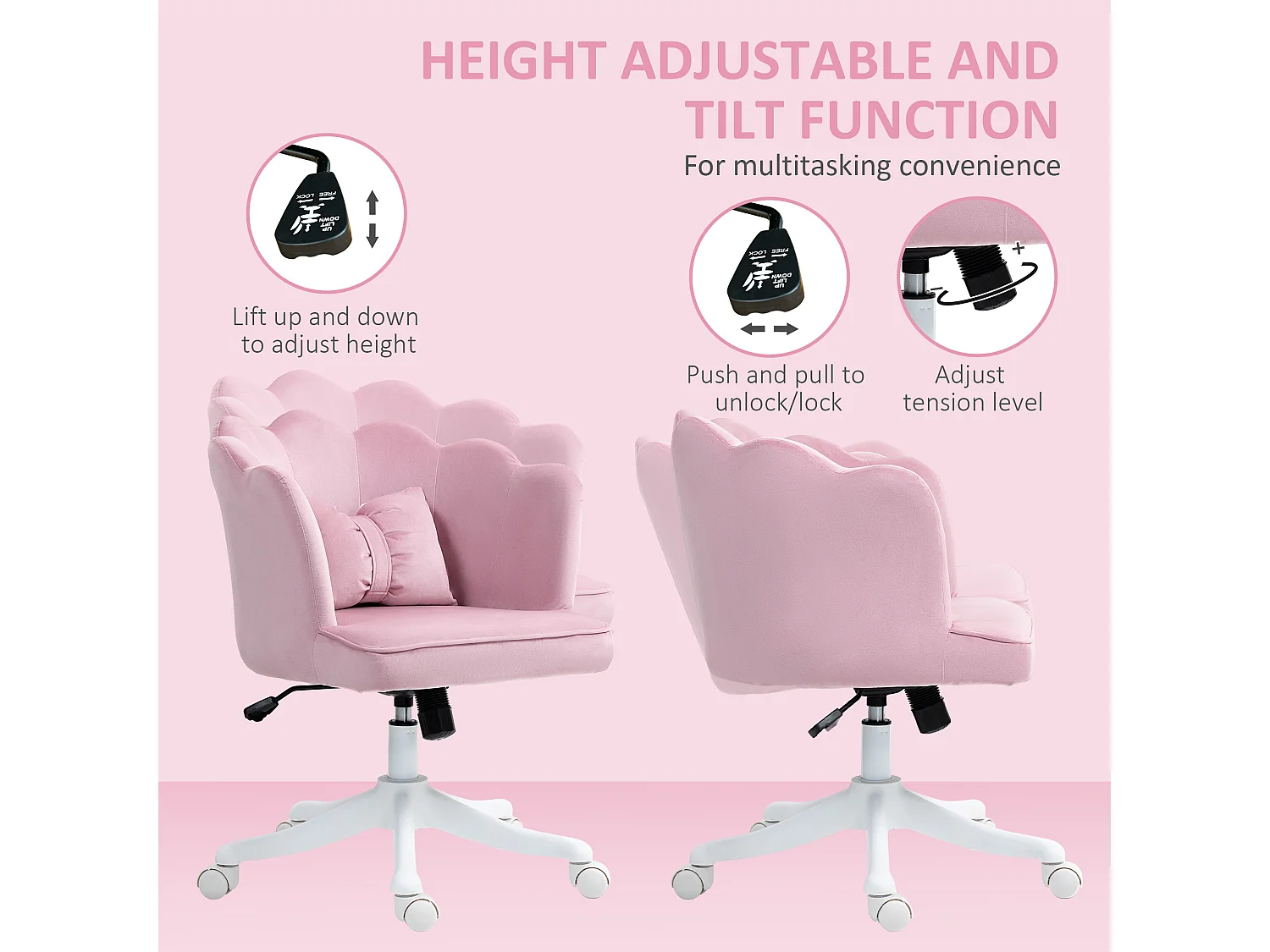 HOMCOM Armless Desk Chair Home Office Chair w/ Wide Seat Tilt Function Pink