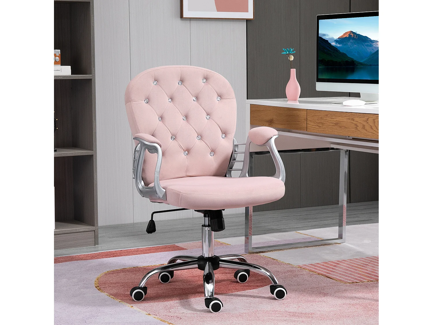 Vinsetto Office Chair Velour Diamond Tufted Padded Ergonomic Swivel Pink