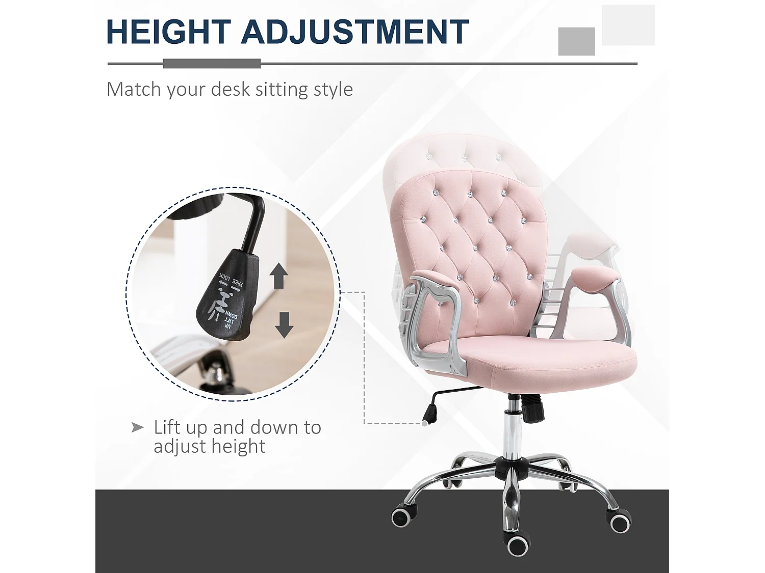 Vinsetto Office Chair Velour Diamond Tufted Padded Ergonomic Swivel Pink