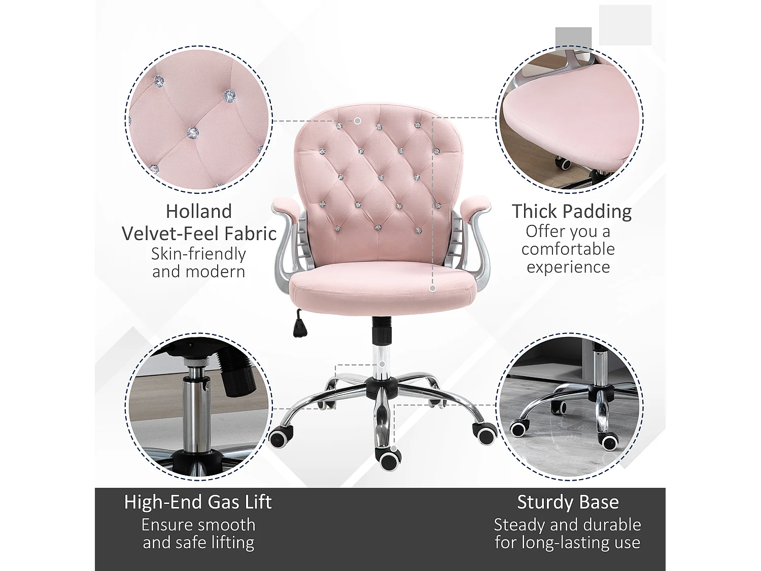 Vinsetto Office Chair Velour Diamond Tufted Padded Ergonomic Swivel Pink