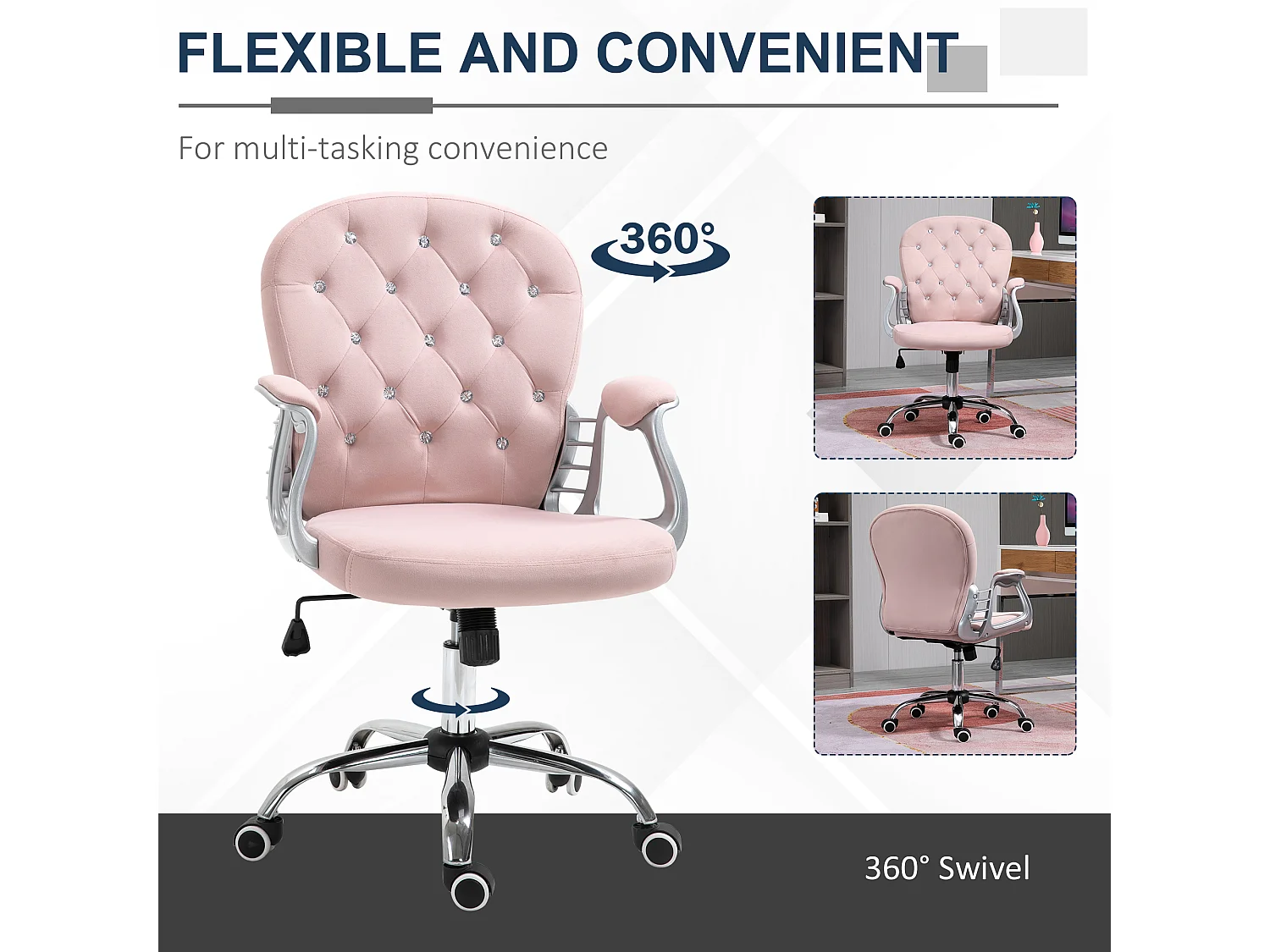 Vinsetto Office Chair Velour Diamond Tufted Padded Ergonomic Swivel Pink