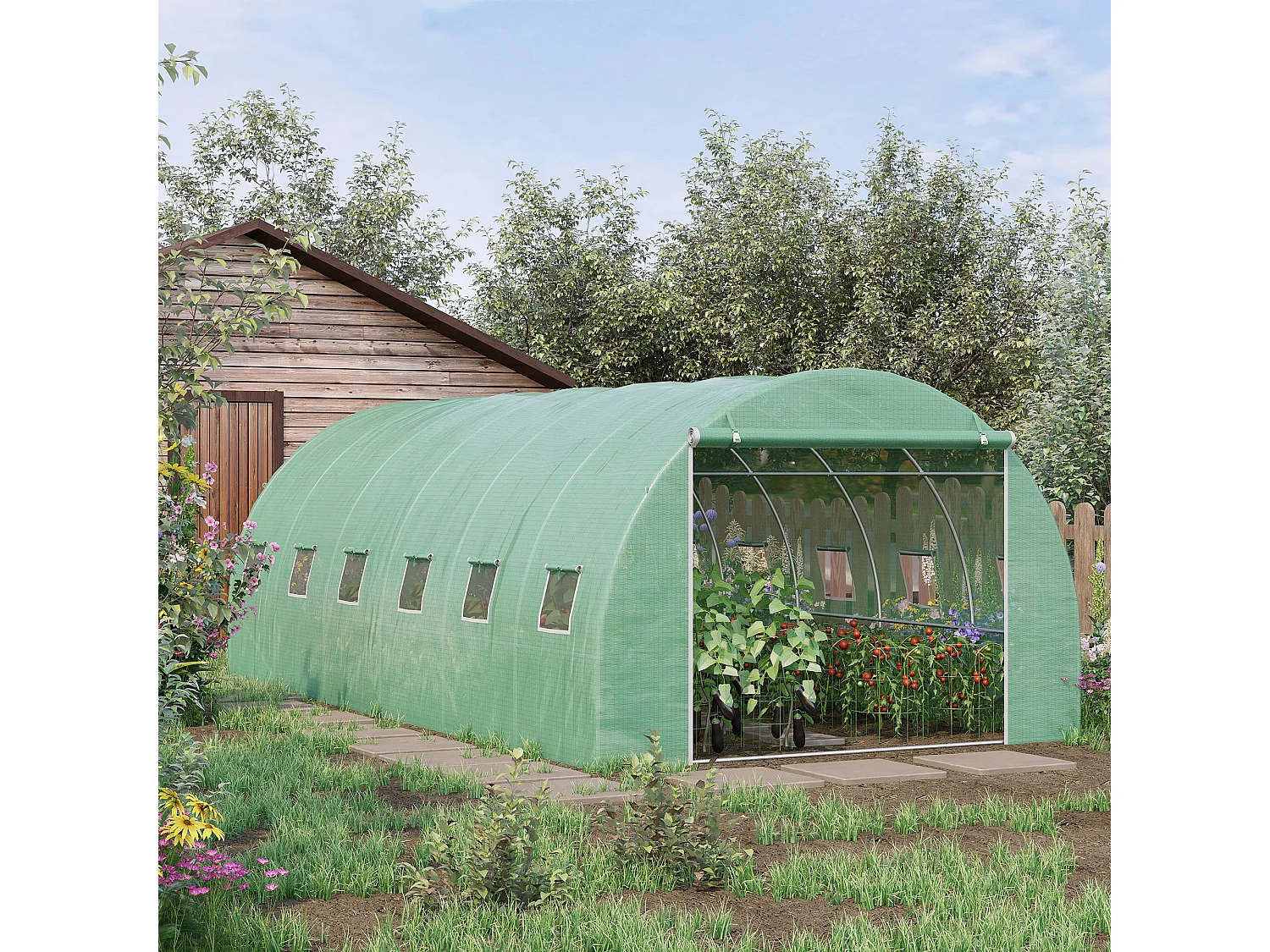 Outsunny Polytunnel Greenhouse with Mesh Windows, Walk-in Greenhouse, Green