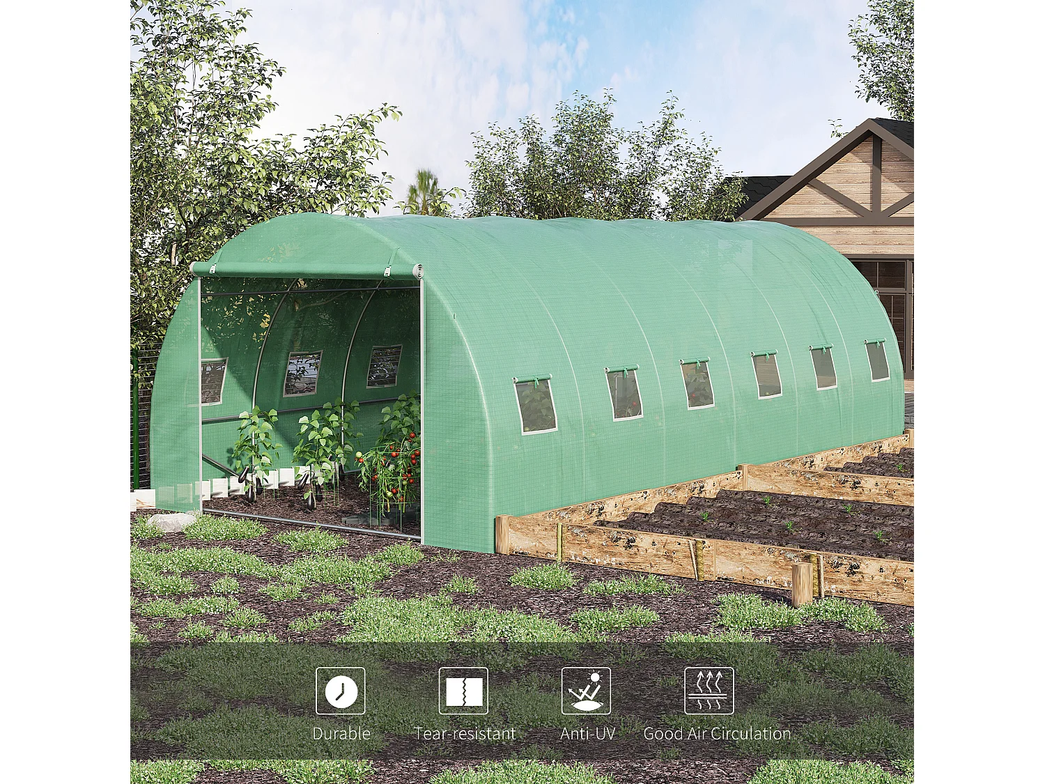 Outsunny Polytunnel Greenhouse with Mesh Windows, Walk-in Greenhouse, Green