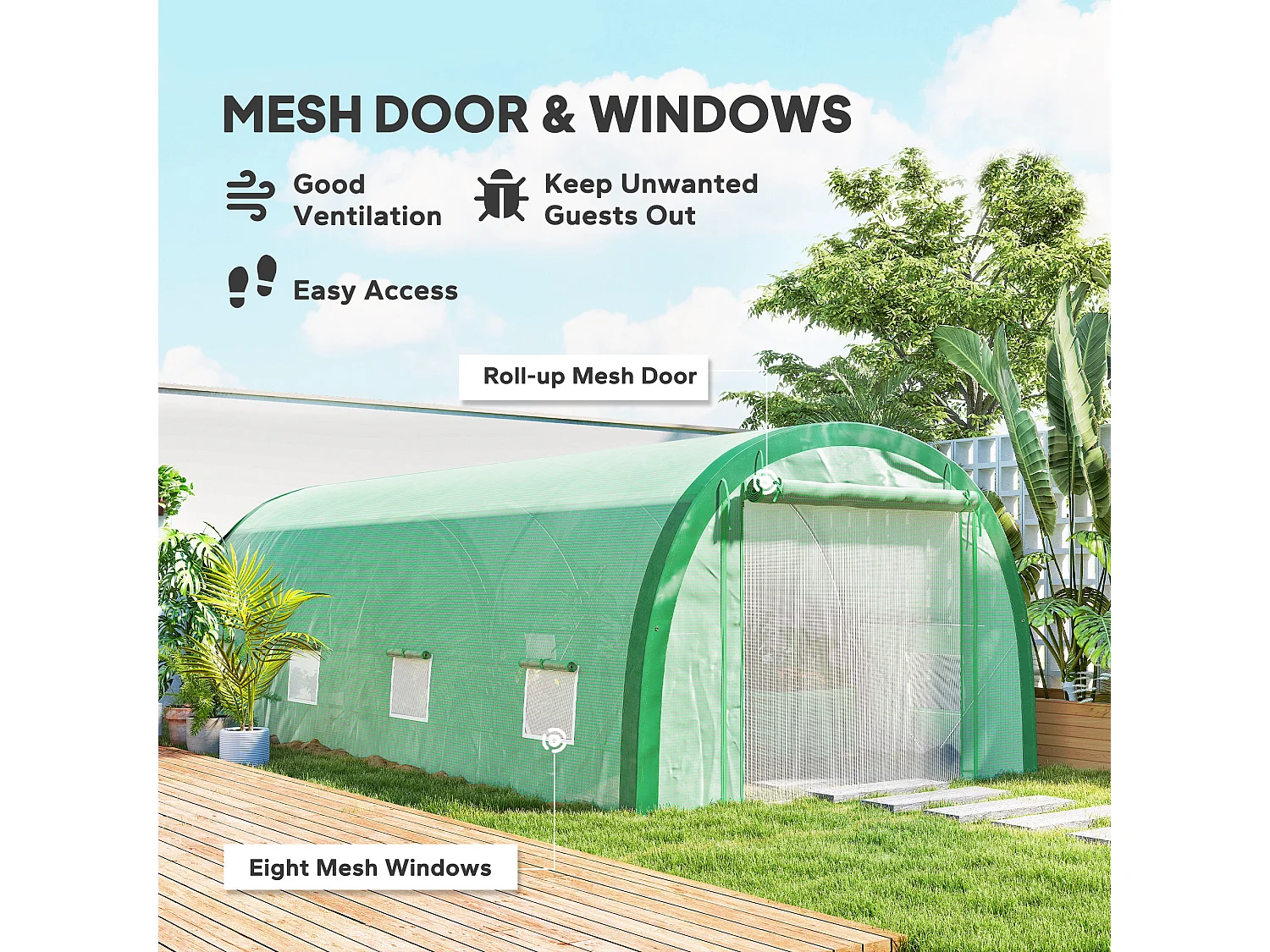 Outsunny Walk-in Tunnel Greenhouse, Upgraded Structure, Mesh Door & Windows