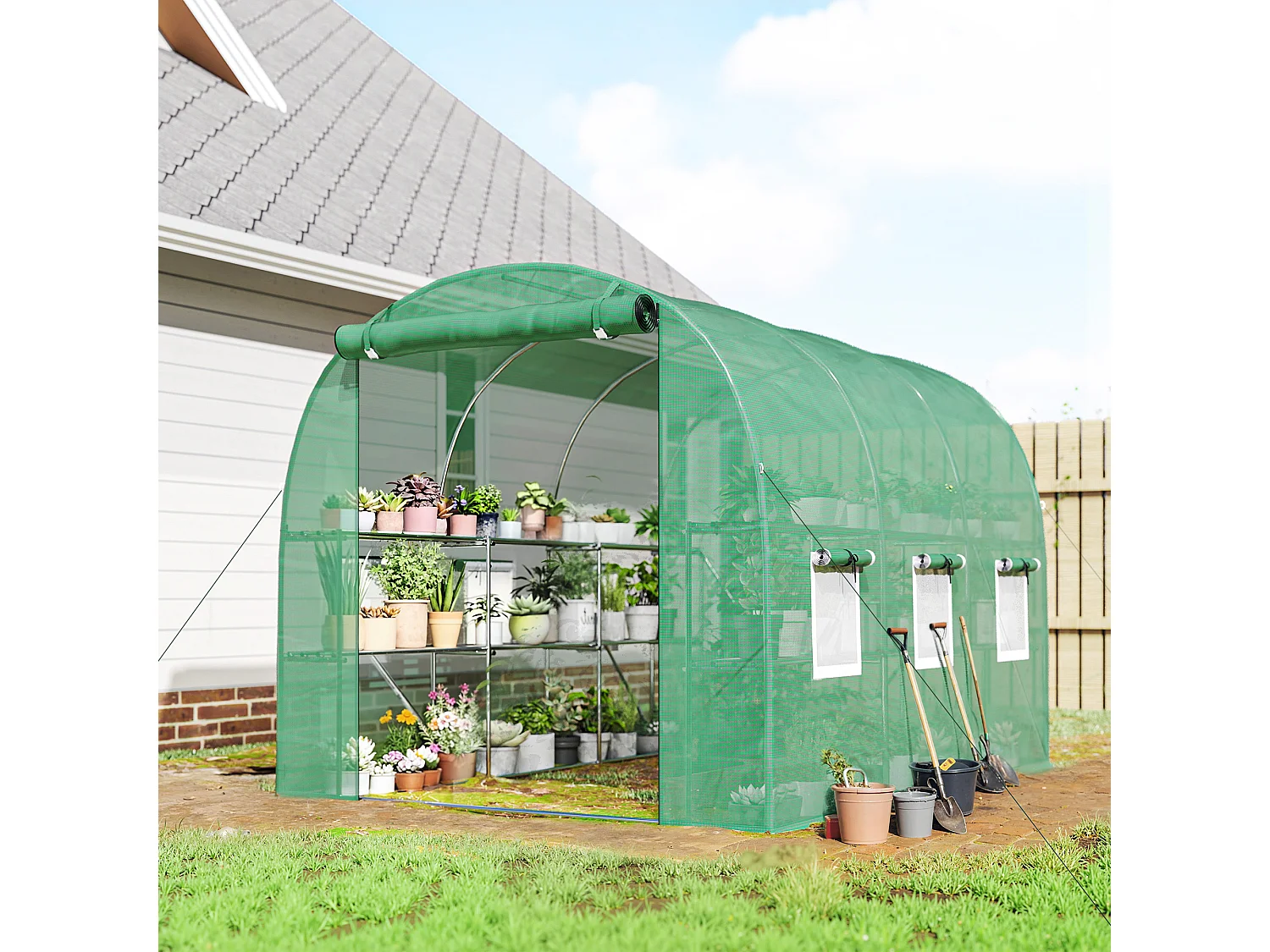 Outsunny Walk-in Greenhouse with Shelves, Green House with Mesh Windows