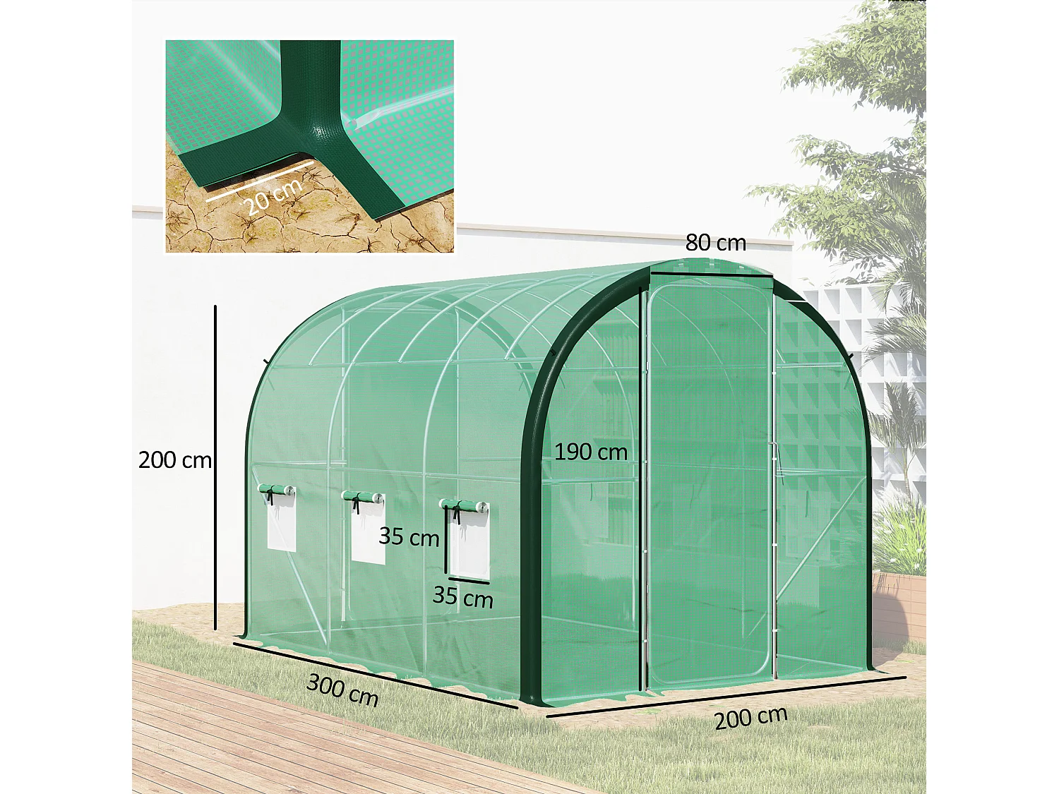 Outsunny Tunnel Greenhouse Upgraded Structure, Hinged Doors, 3 x 2 m, Green