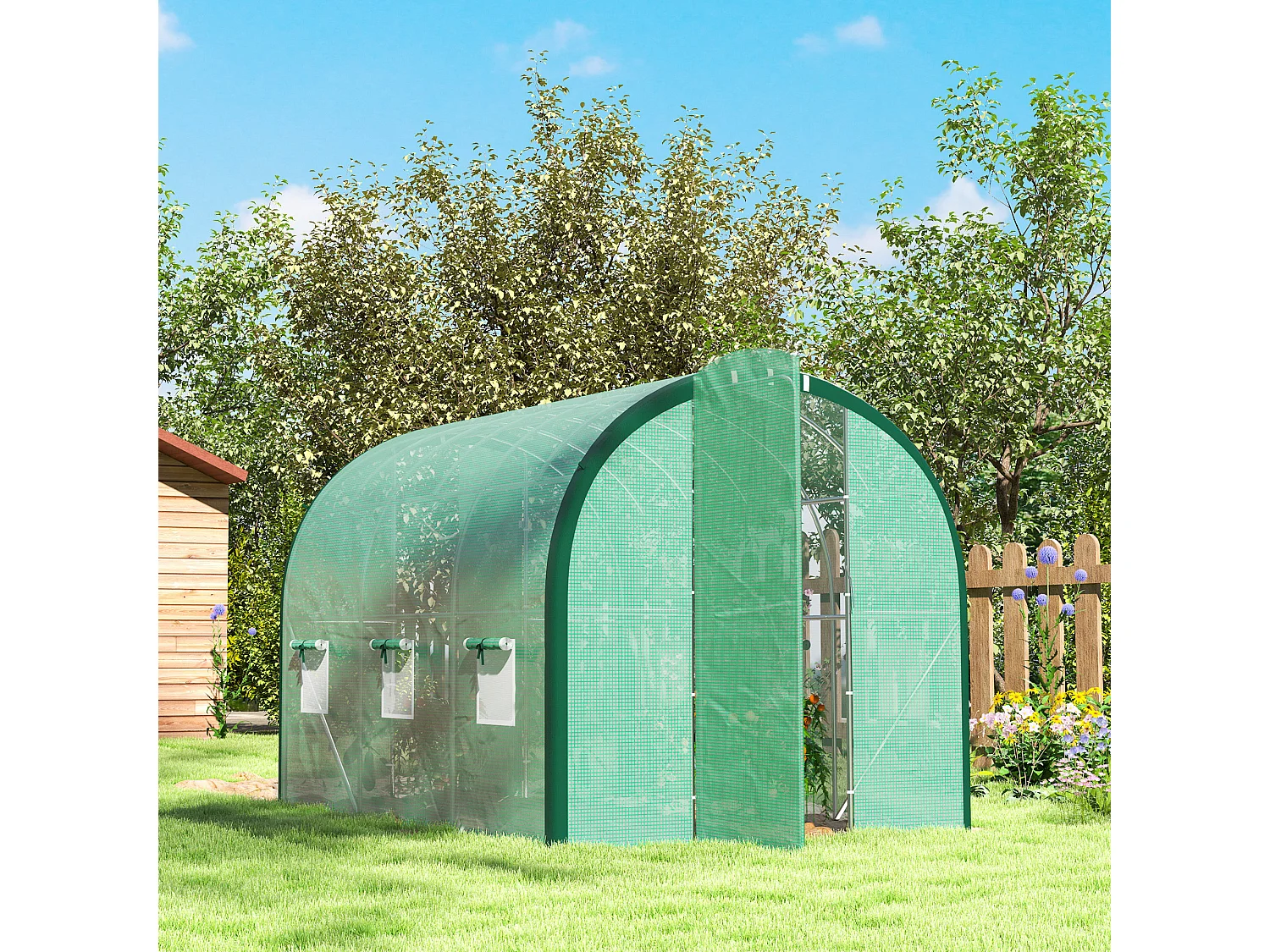 Outsunny Tunnel Greenhouse Upgraded Structure, Hinged Doors, 3 x 2 m, Green