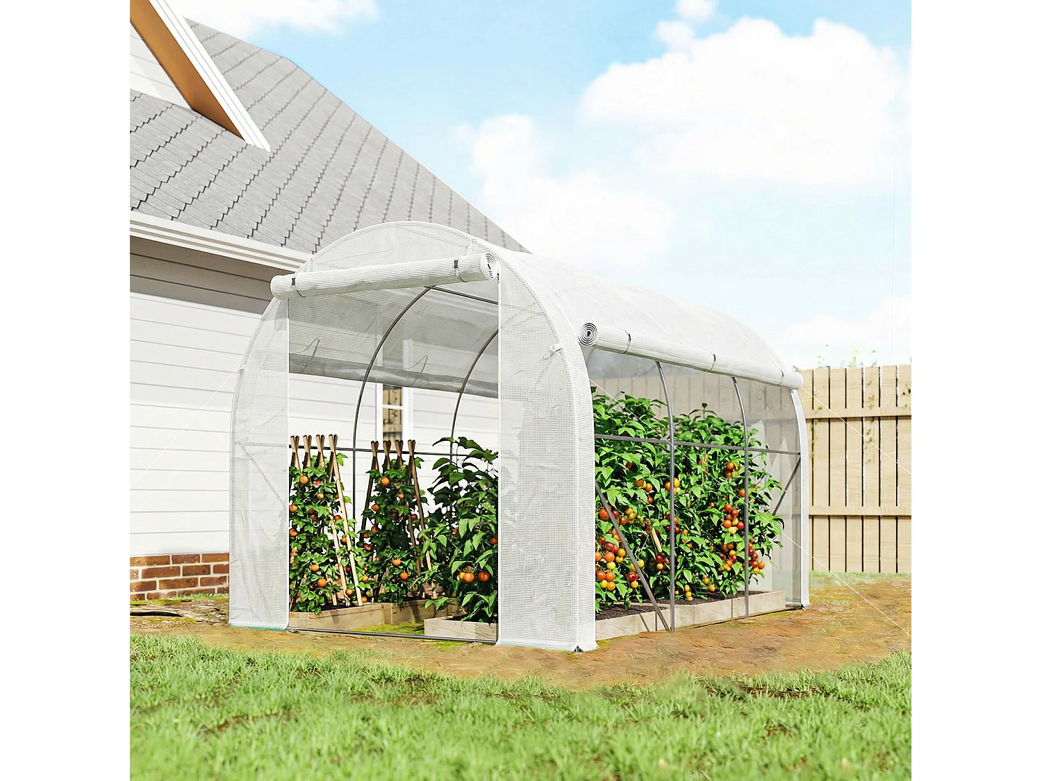 Outsunny Polytunnel Greenhouse with PE Cover, Galvanised Steel Frame, White