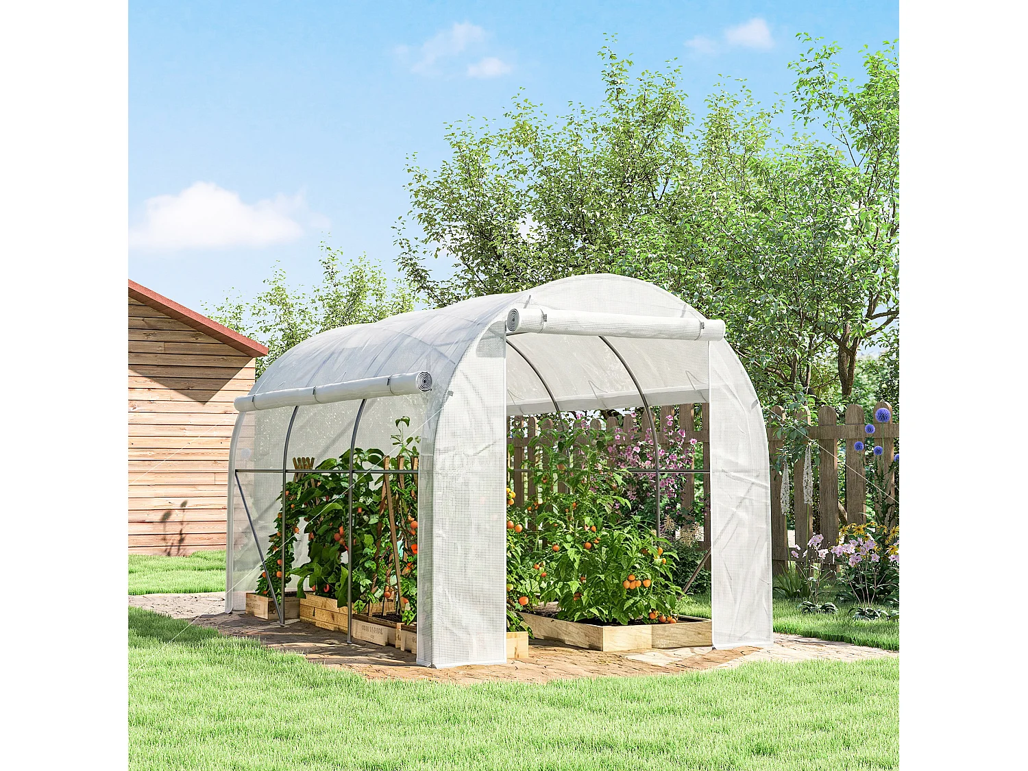 Outsunny Polytunnel Greenhouse with PE Cover, Galvanised Steel Frame, White