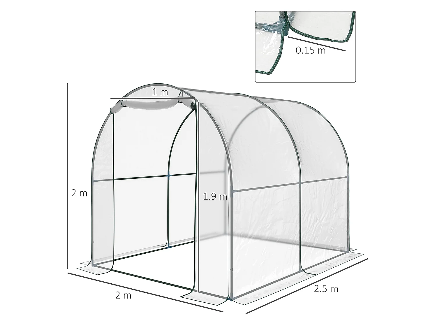 Outsunny Walk In Polytunnel Greenhouse w/ Roll Up Door PVC Cover, 2.5 x 2m
