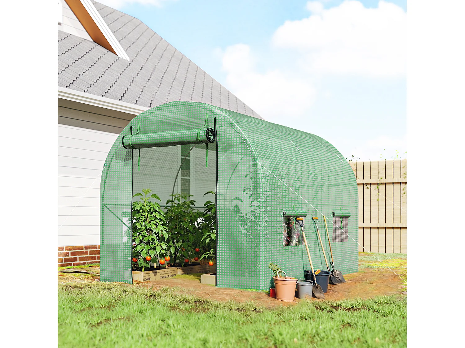 Outsunny 2.5 x 2m Walk-In Polytunnel Greenhouse with Roll Up Door Windows Green