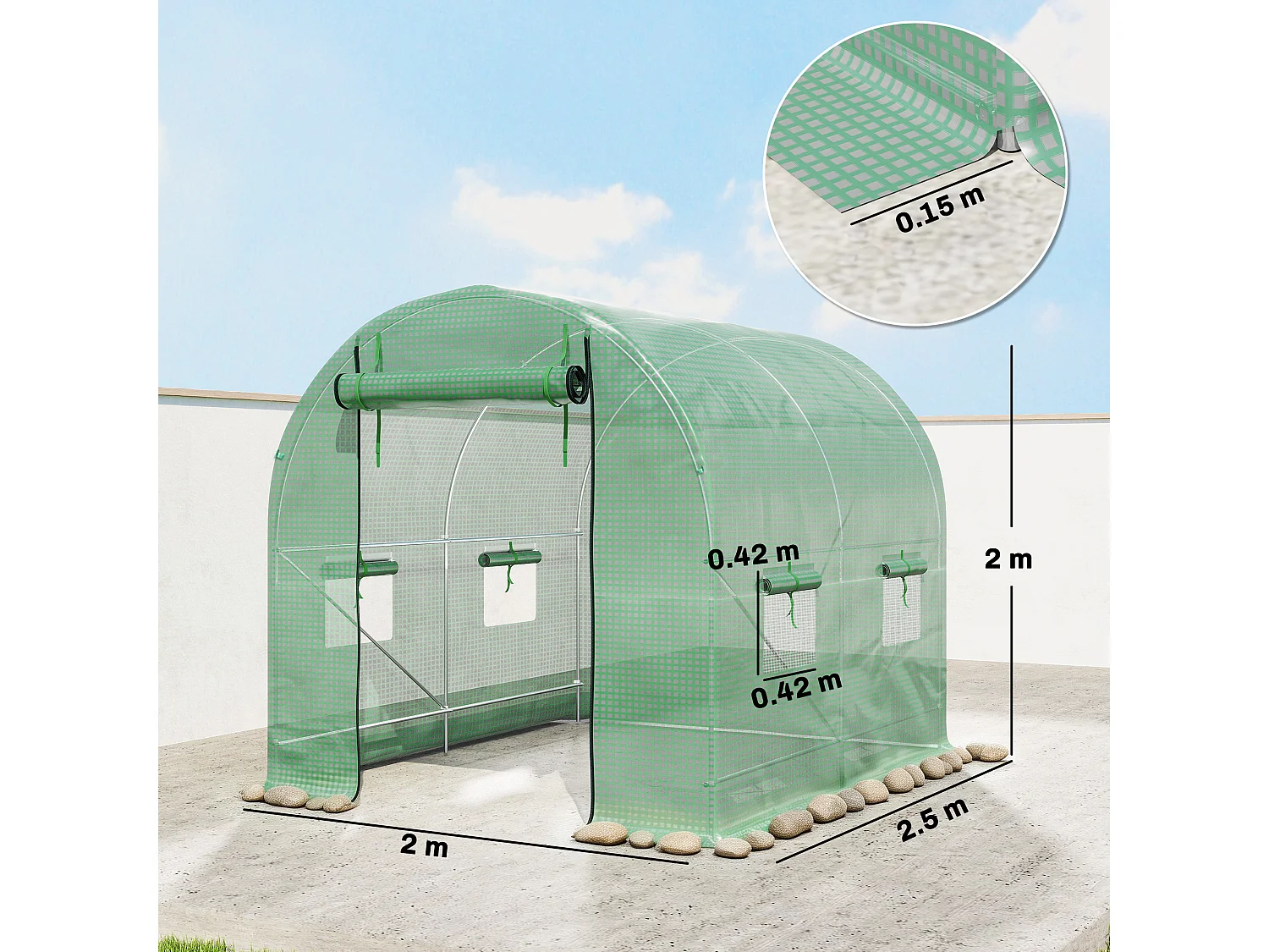 Outsunny 2.5 x 2m Walk-In Polytunnel Greenhouse with Roll Up Door Windows Green