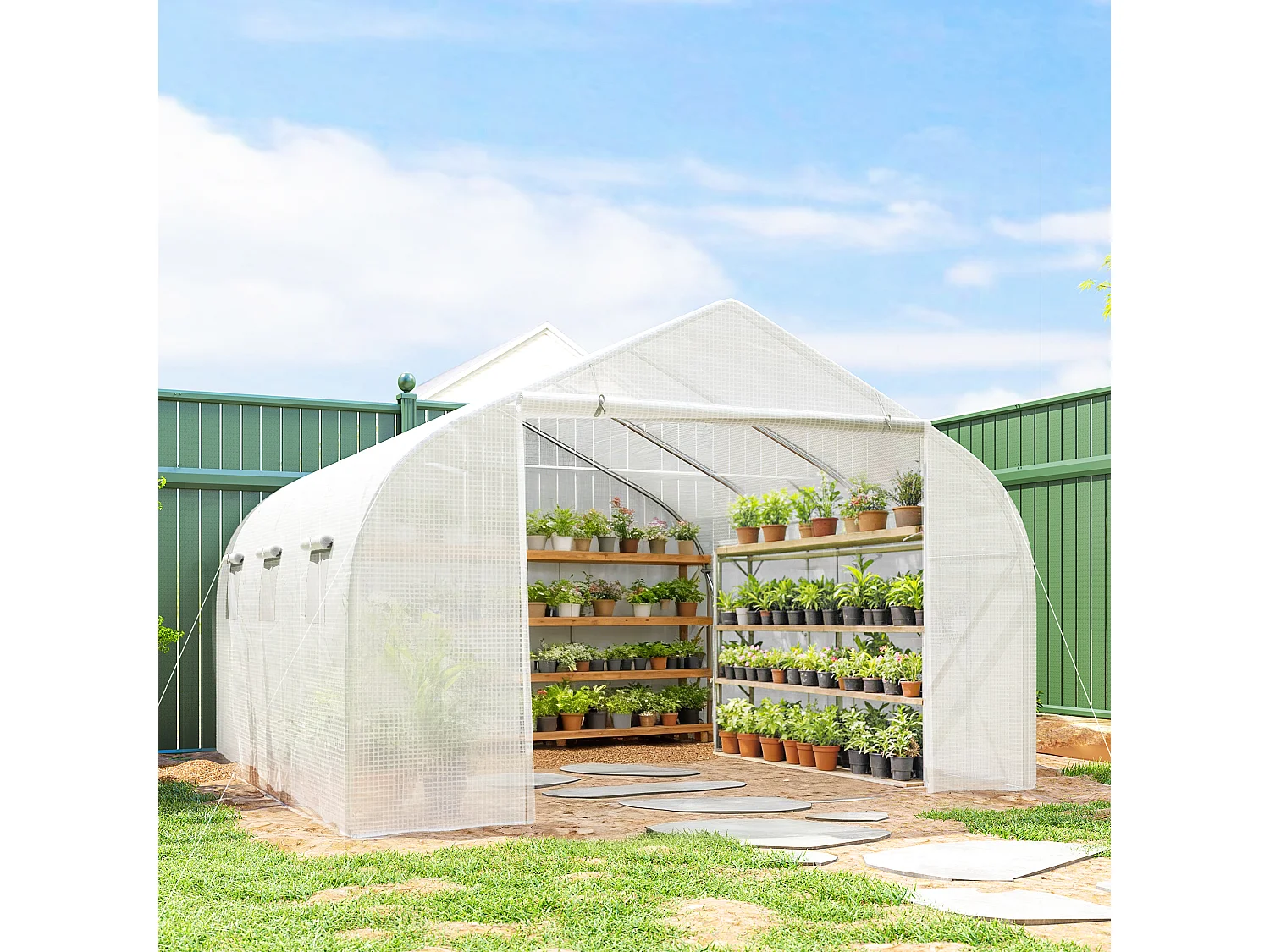 Outsunny Walk-In Polytunnel Greenhouse w/ Roll Up Door Windows, 4.5x3x2 m White