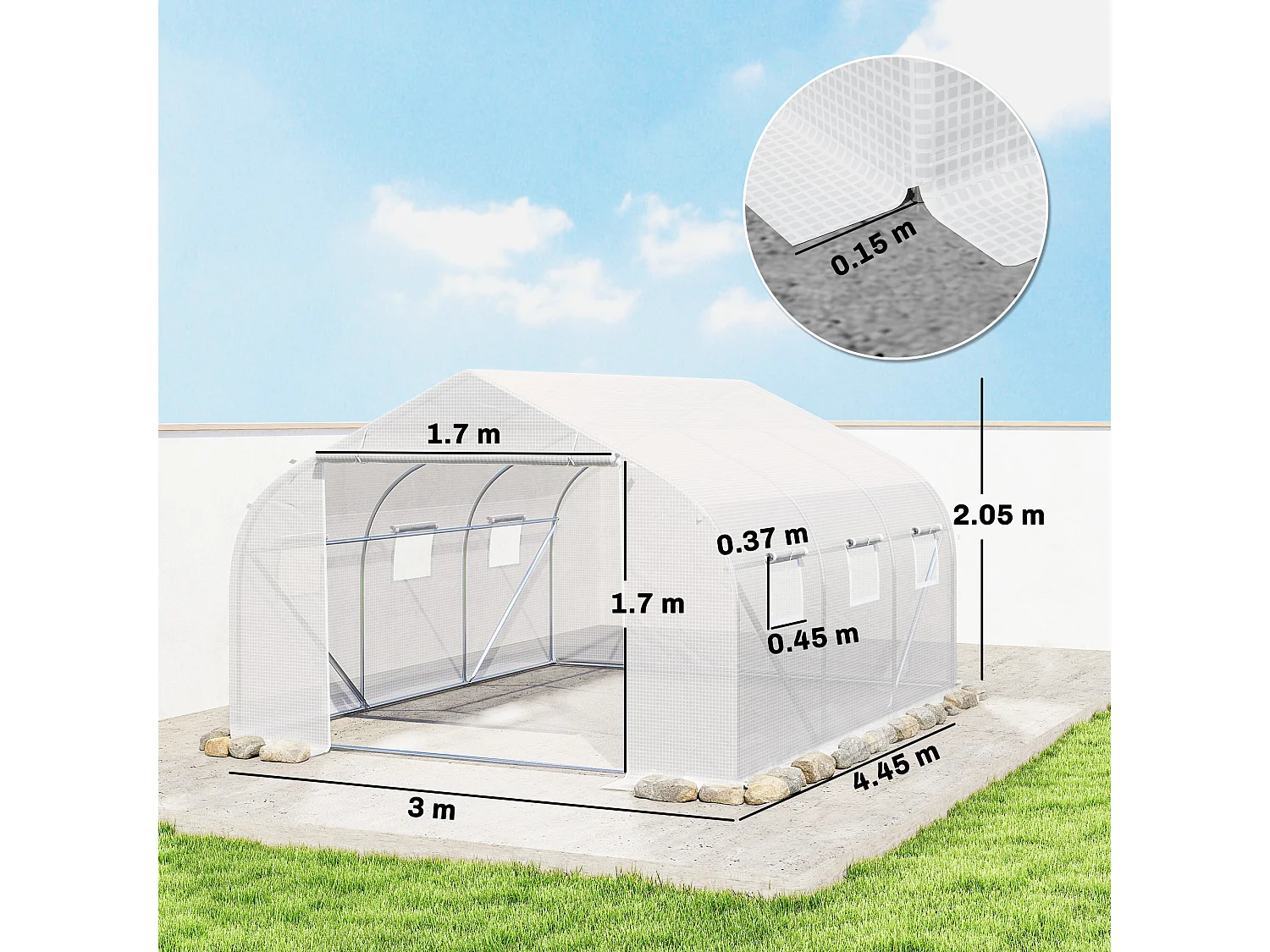 Outsunny Walk-In Polytunnel Greenhouse w/ Roll Up Door Windows, 4.5x3x2 m White