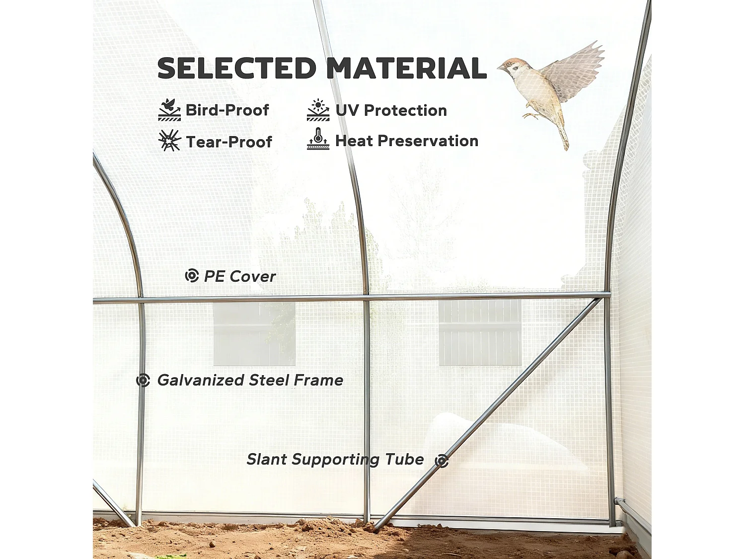 Outsunny Walk-In Polytunnel Greenhouse w/ Roll Up Door Windows, 4.5x3x2 m White