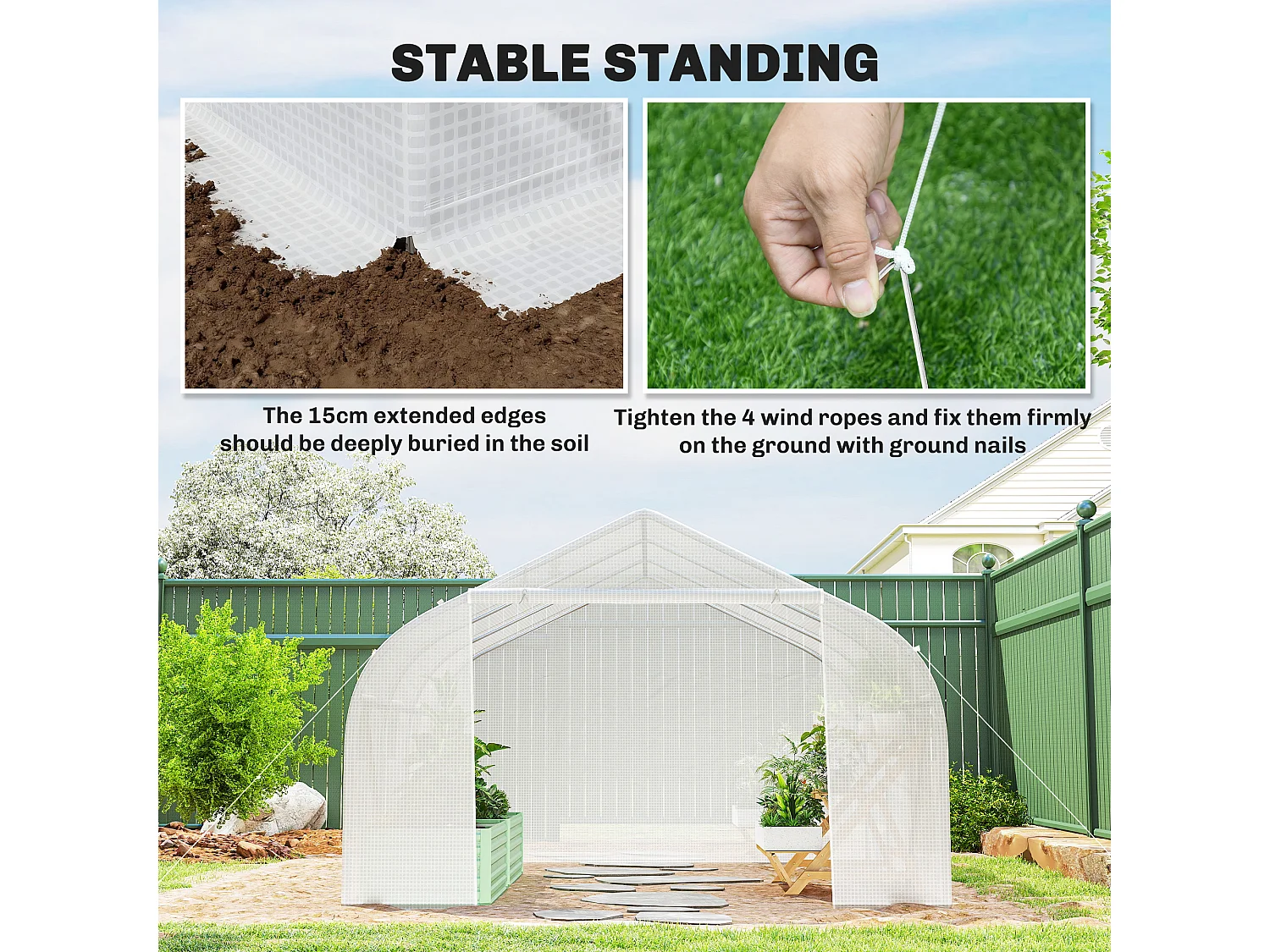 Outsunny Walk-In Polytunnel Greenhouse w/ Roll Up Door Windows, 4.5x3x2 m White