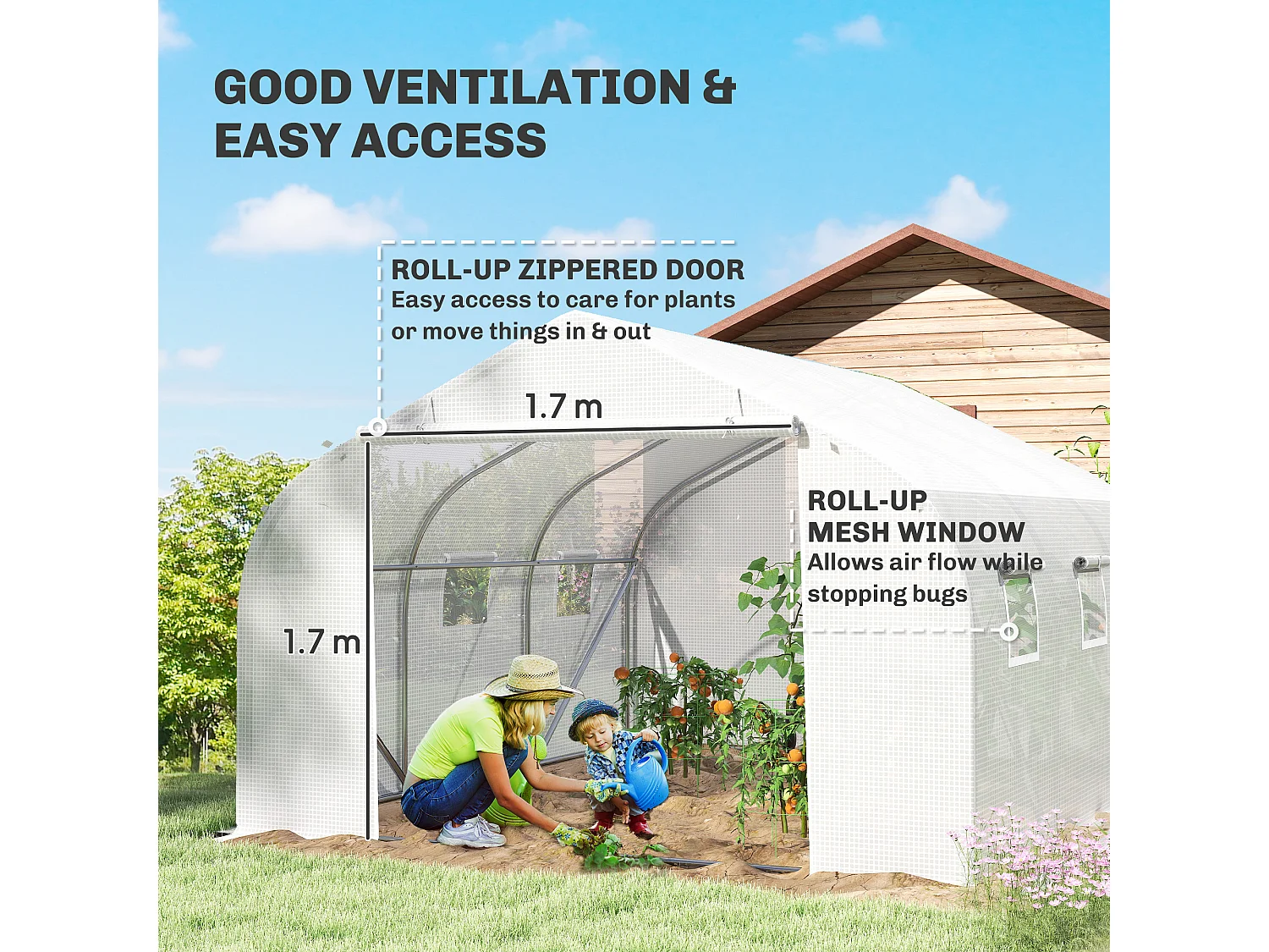 Outsunny Walk-In Polytunnel Greenhouse w/ Roll Up Door Windows, 4.5x3x2 m White