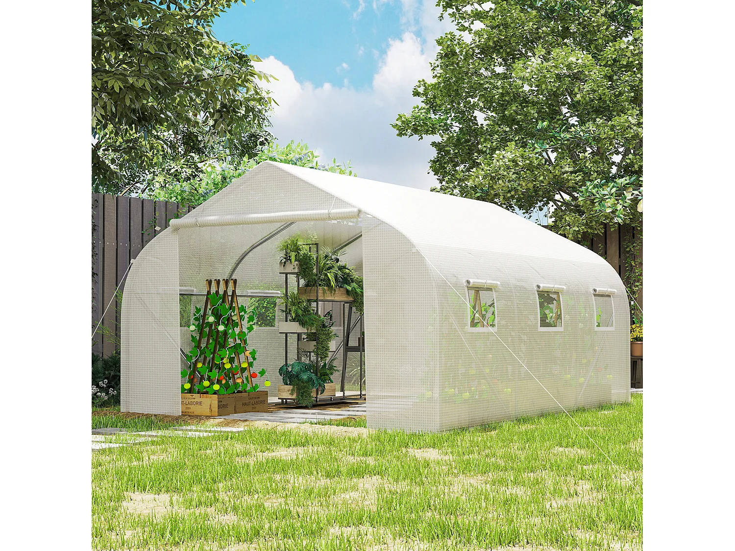 Outsunny Walk-In Polytunnel Greenhouse w/ Roll Up Door Windows, 4.5x3x2 m White