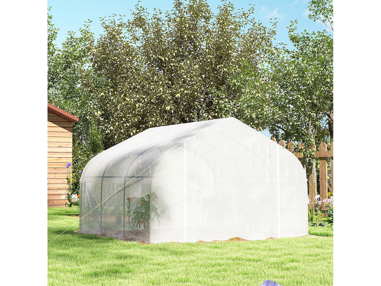 Outsunny Walk-In Polytunnel Greenhouse w/ Roll Up Door Windows, 4.5x3x2 m White