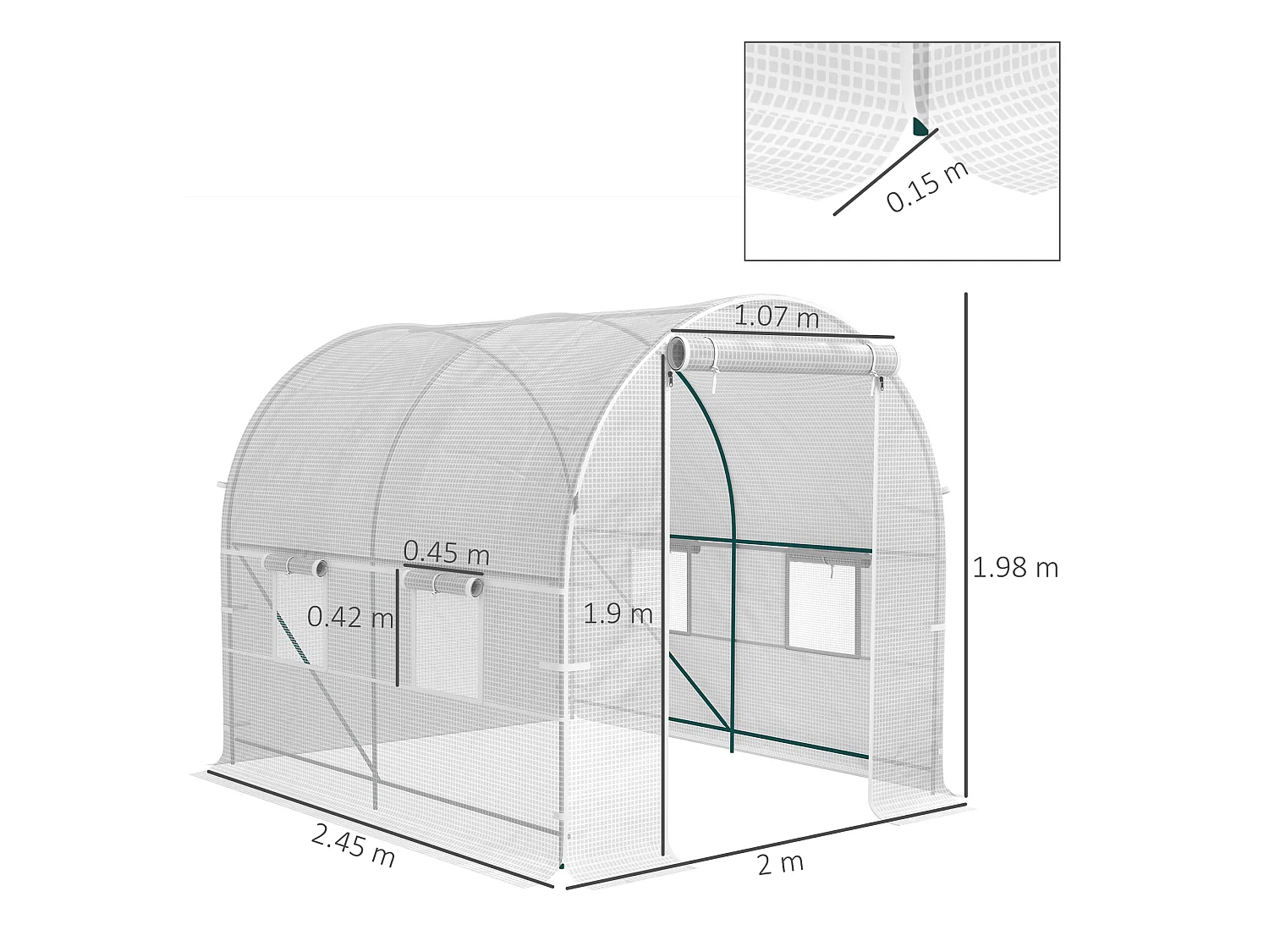 Outsunny Polytunnel Greenhouse Outdoor Grow House Roll Up Door Windows 2x2.5m