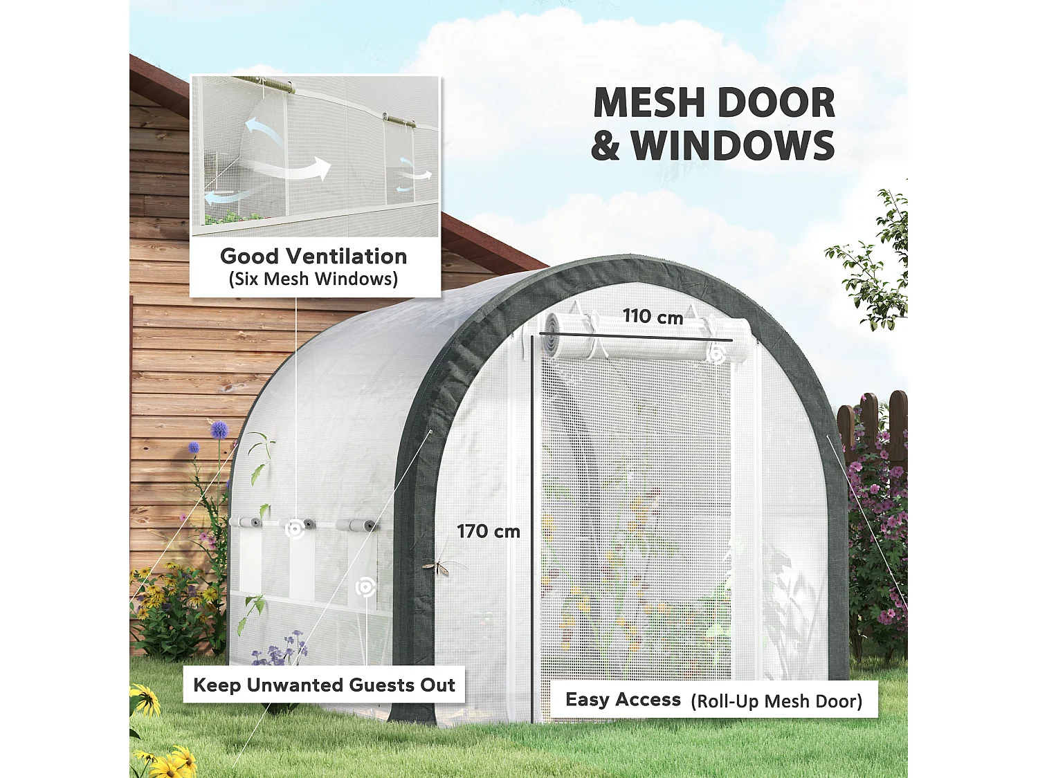 Outsunny Walk-in Tunnel Greenhouse, Upgraded Structure, Mesh Door & Windows