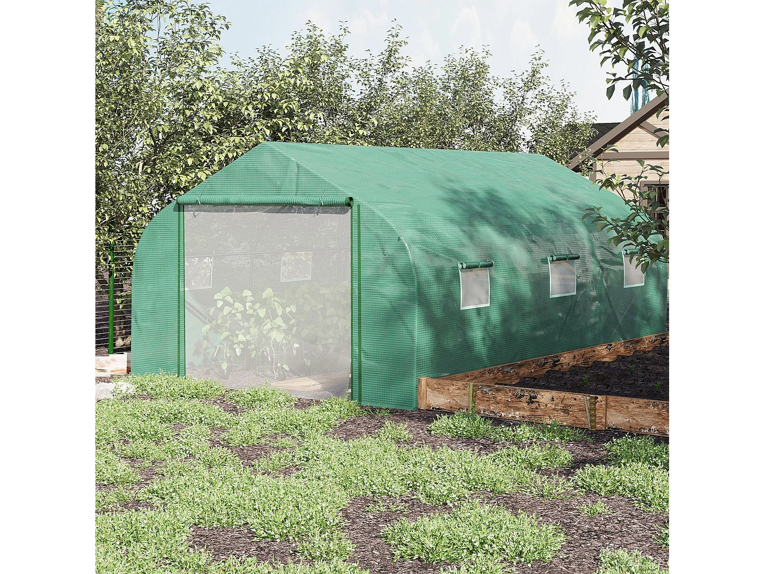 Outsunny 4.5 x 3 x 2m Outdoor Tunnel Greenhouse w/ Roll Up Door 6 Windows Green