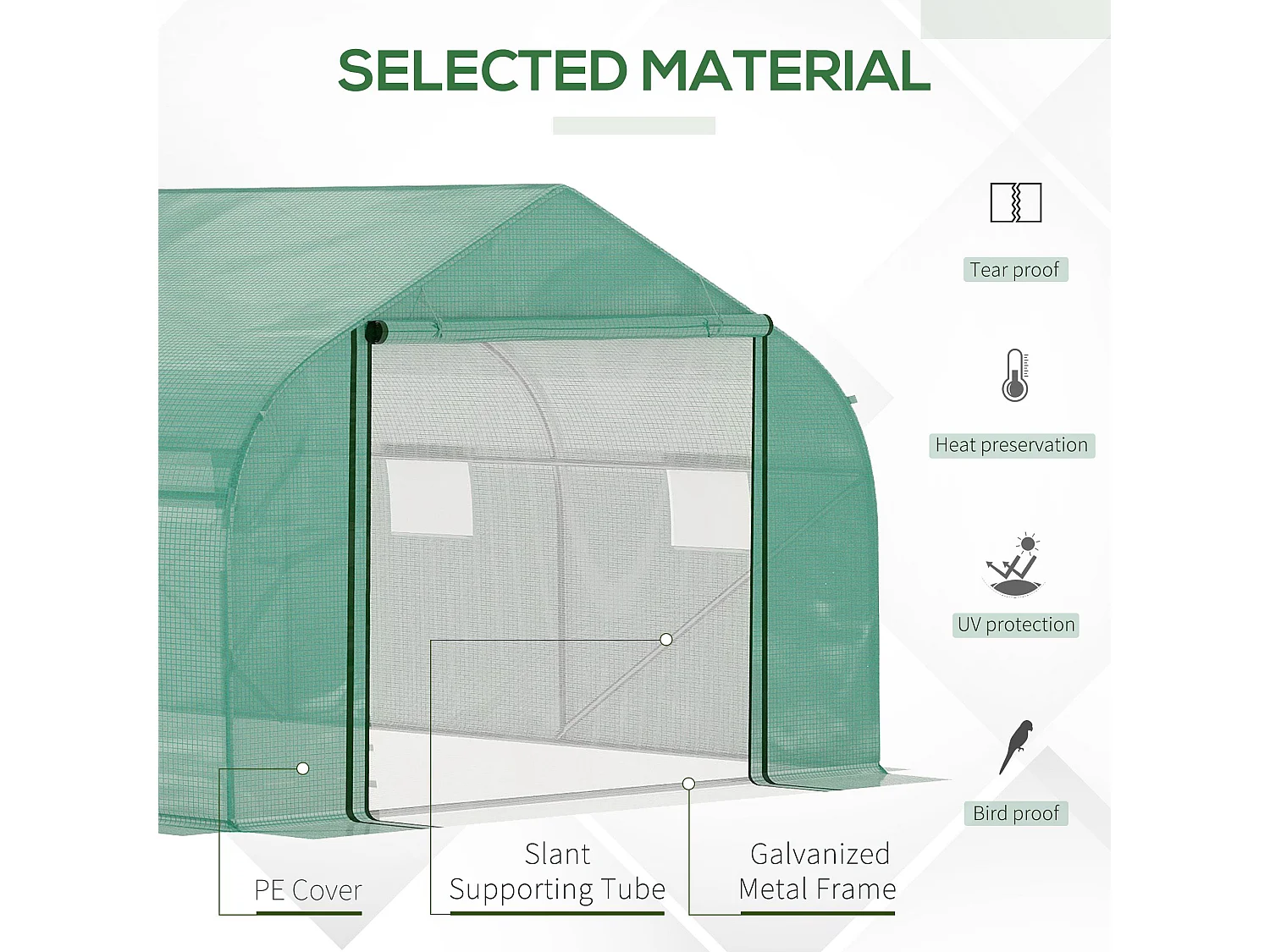 Outsunny 4.5 x 3 x 2m Outdoor Tunnel Greenhouse w/ Roll Up Door 6 Windows Green