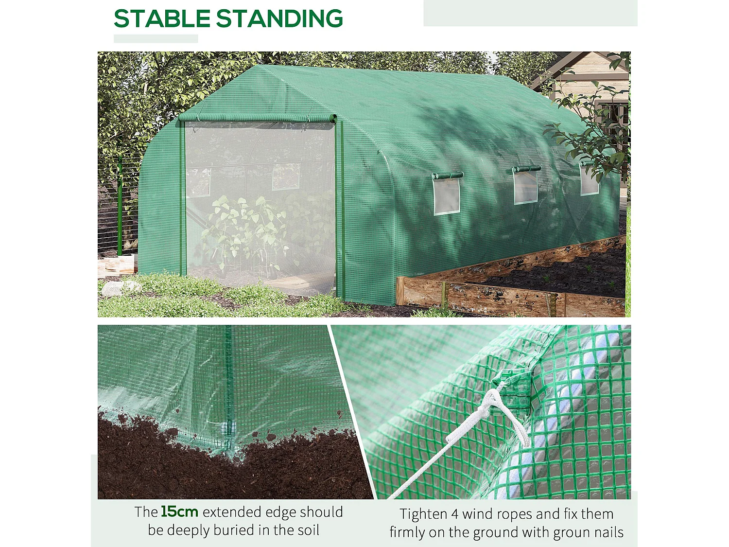 Outsunny 4.5 x 3 x 2m Outdoor Tunnel Greenhouse w/ Roll Up Door 6 Windows Green