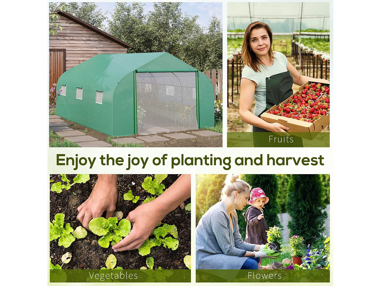 Outsunny 4.5 x 3 x 2m Outdoor Tunnel Greenhouse w/ Roll Up Door 6 Windows Green