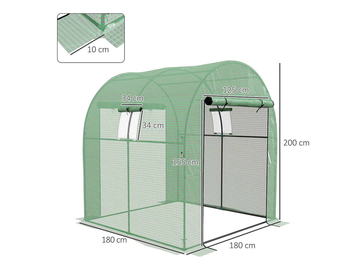 Outsunny 1.8 x 1.8 x 2m Polytunnel Greenhouse with Doors and Mesh Windows