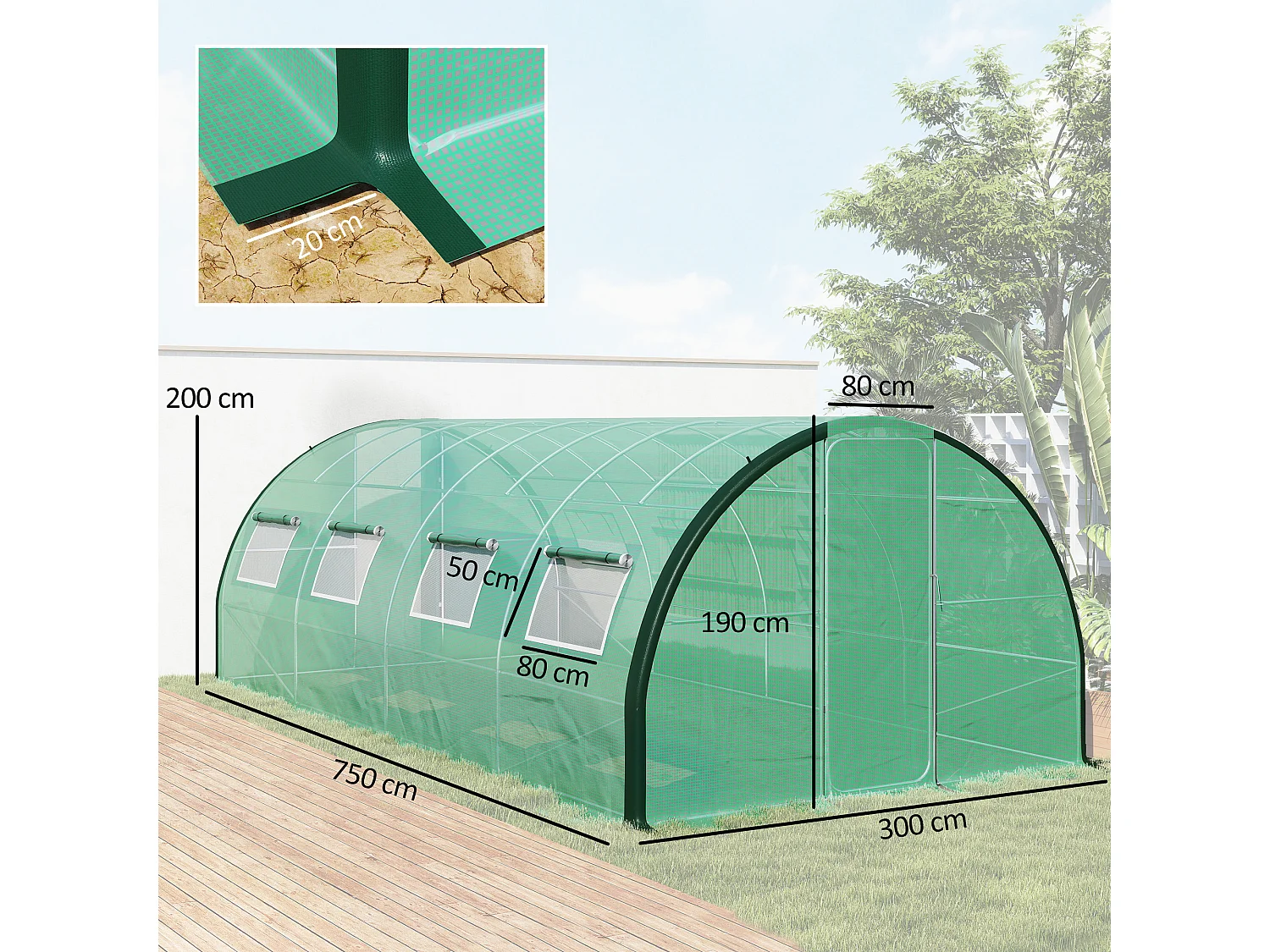 Outsunny Tunnel Greenhouse, Upgraded Structure, Hinged Doors, 6 x 3 m, Green