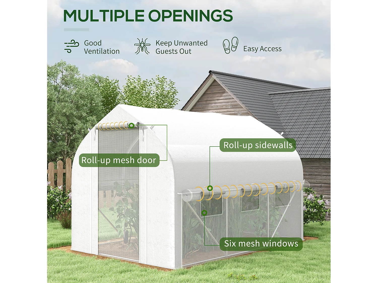 Outsunny 3 x 2m Walk-in Tunnel Greenhouse, Roll Up Sidewalls, Mesh Door