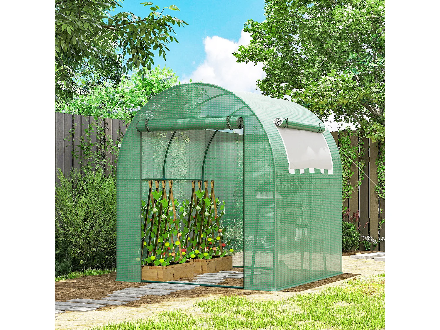 Outsunny Walk in Polytunnel Greenhouse with Roll-up Window and Door, Green